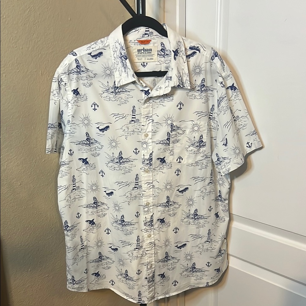 Urban Pipeline White and Blue Casual Button Down Shirt